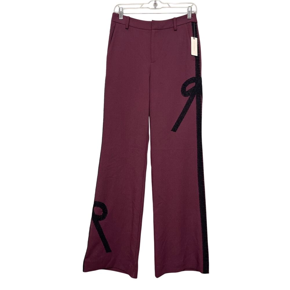 Anthropologie Maeve NWT Ribbon Slim Flare Trousers Lace Bow Maroon Womens Size 4